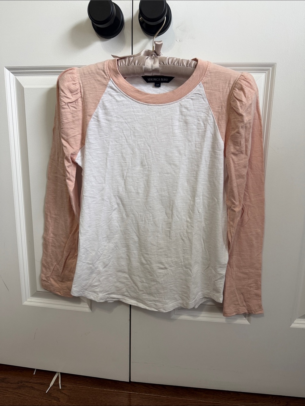 Veronica Beard White Tee with Blush Pink Raglan Sleeves
